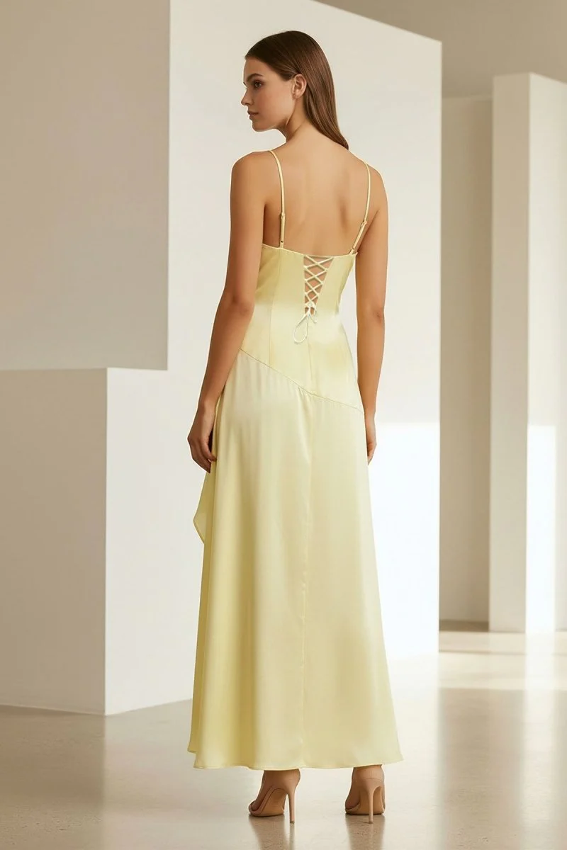 Yellow - Spaghetti Straps Sheath Satin High Low Prom Dresses With Ruffles