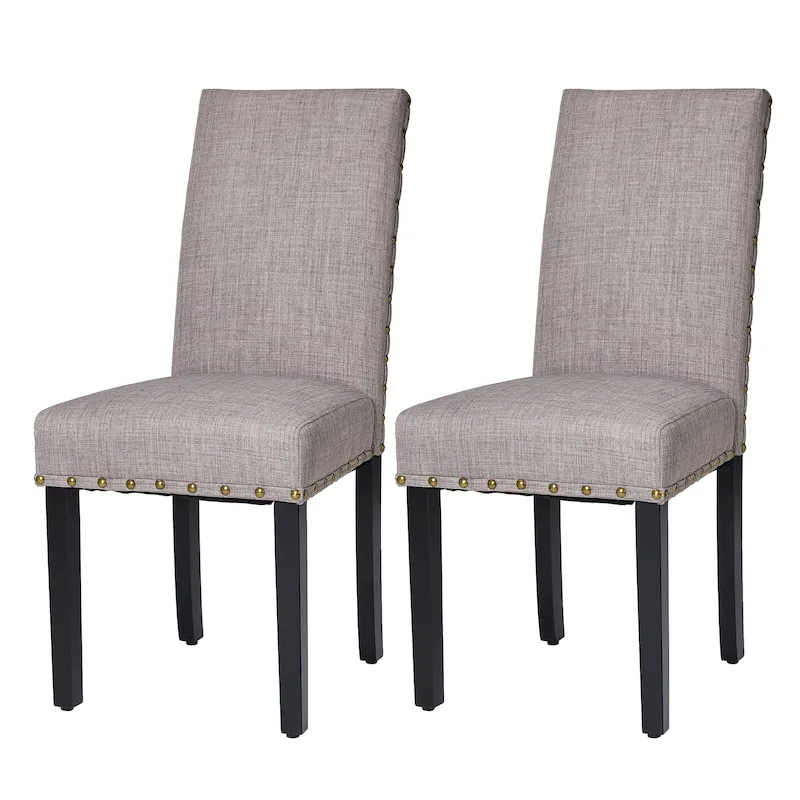 High Back Linen Fabric Dining Chairs with Nailhead Trim – Grey / Cream White / Tan