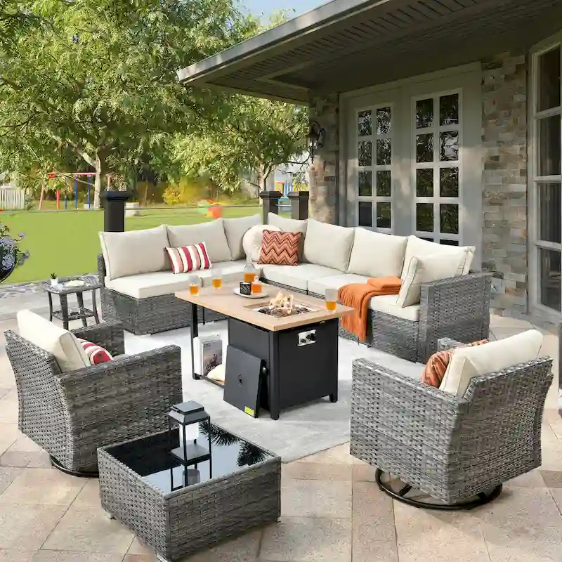 XIZZI 11-piece Outdoor Wicker Furniture Patio Swivel Chair Set with Firepit Table