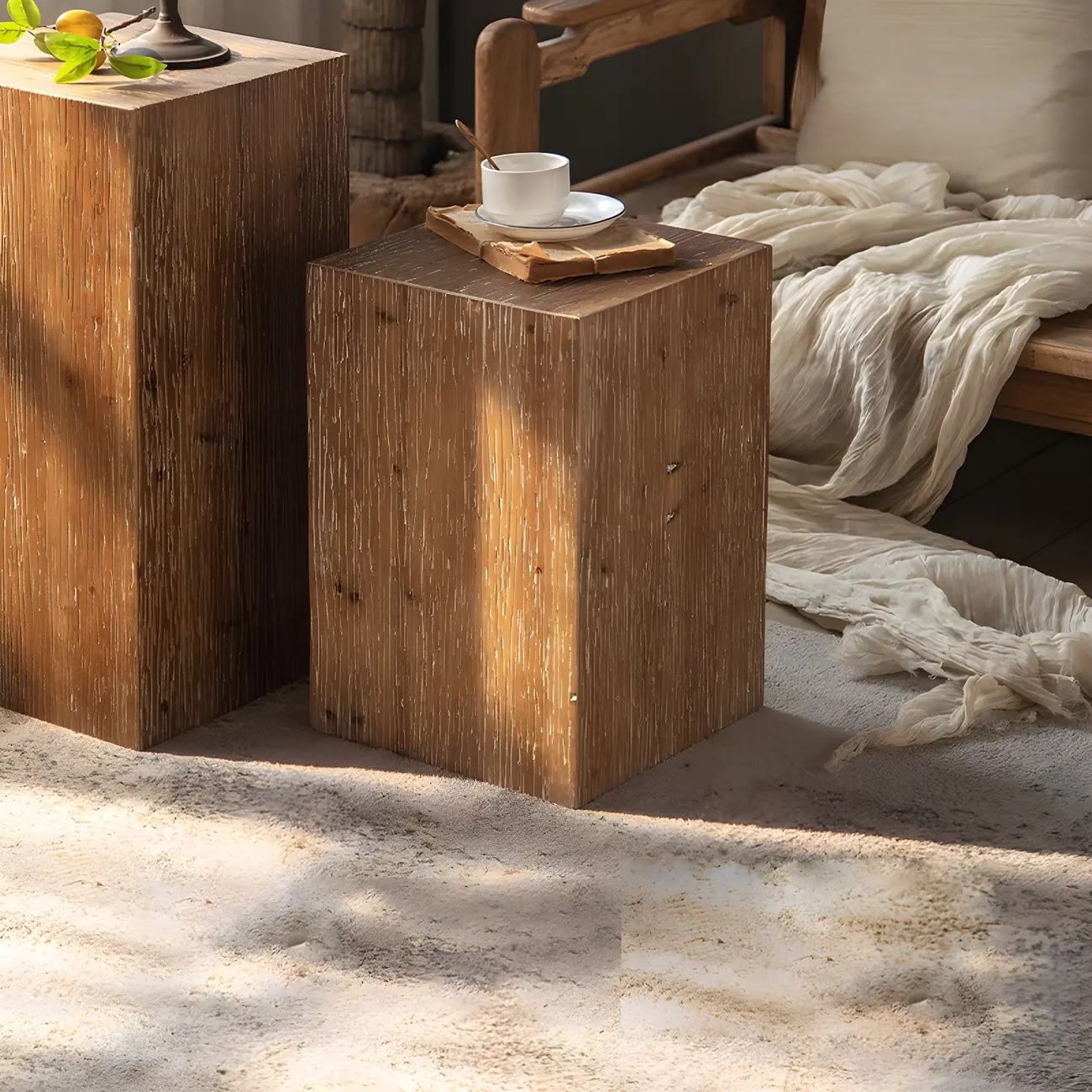 Elegant Geometric Wooden Block Accent Side Table