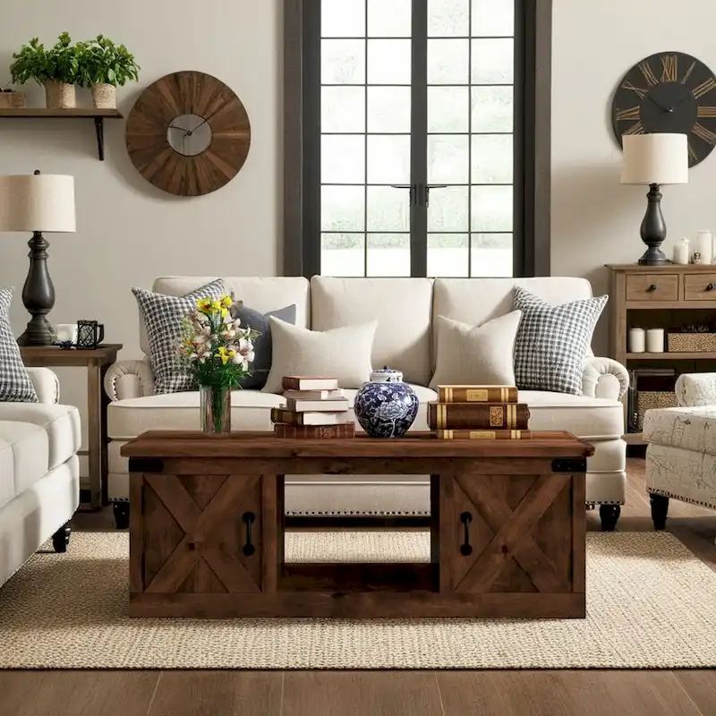 Farmhouse 48 Inch Coffee Table, No Assembly Required, Aged Whiskey Finish