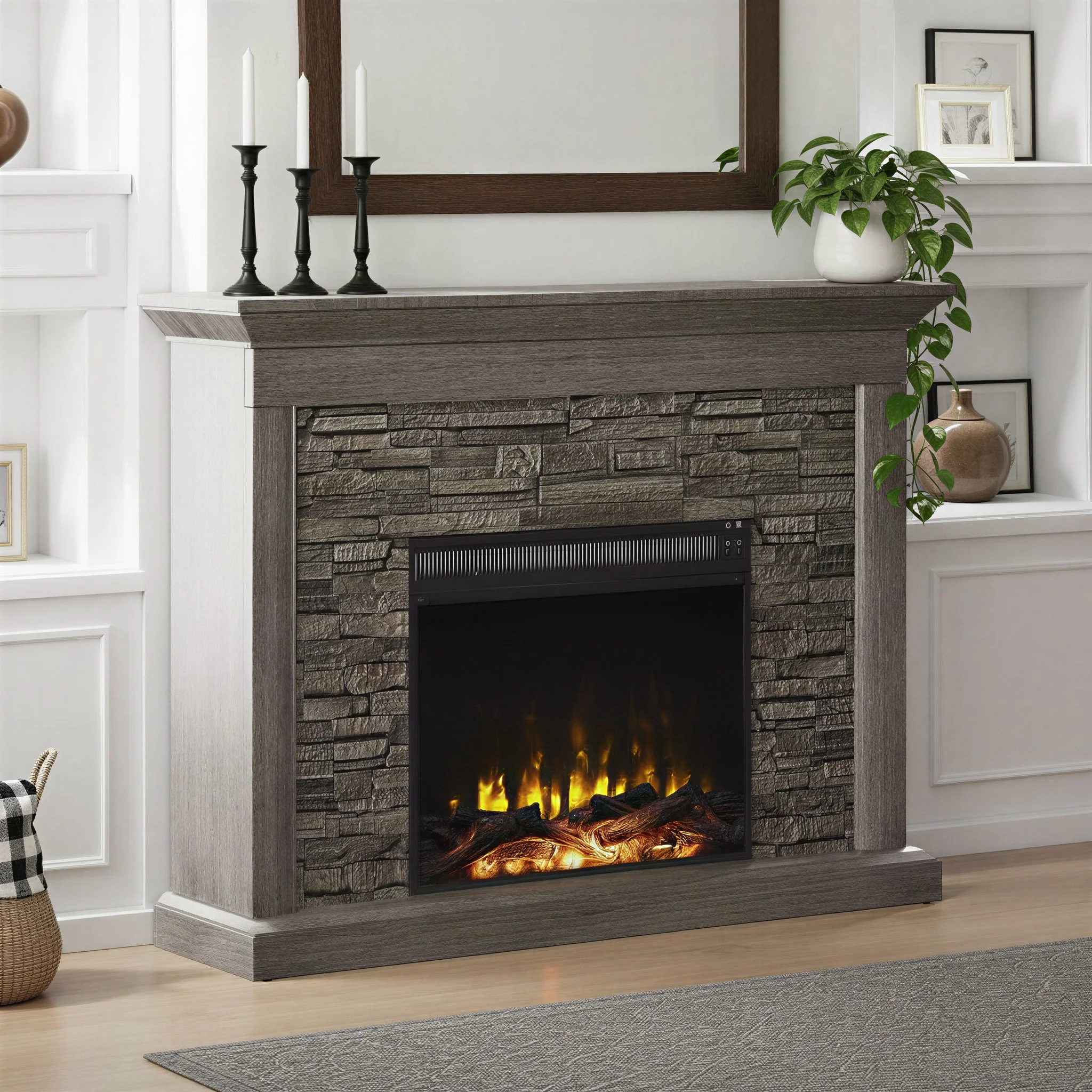 Stacked Stone Wall Mantel with Electric Fireplace