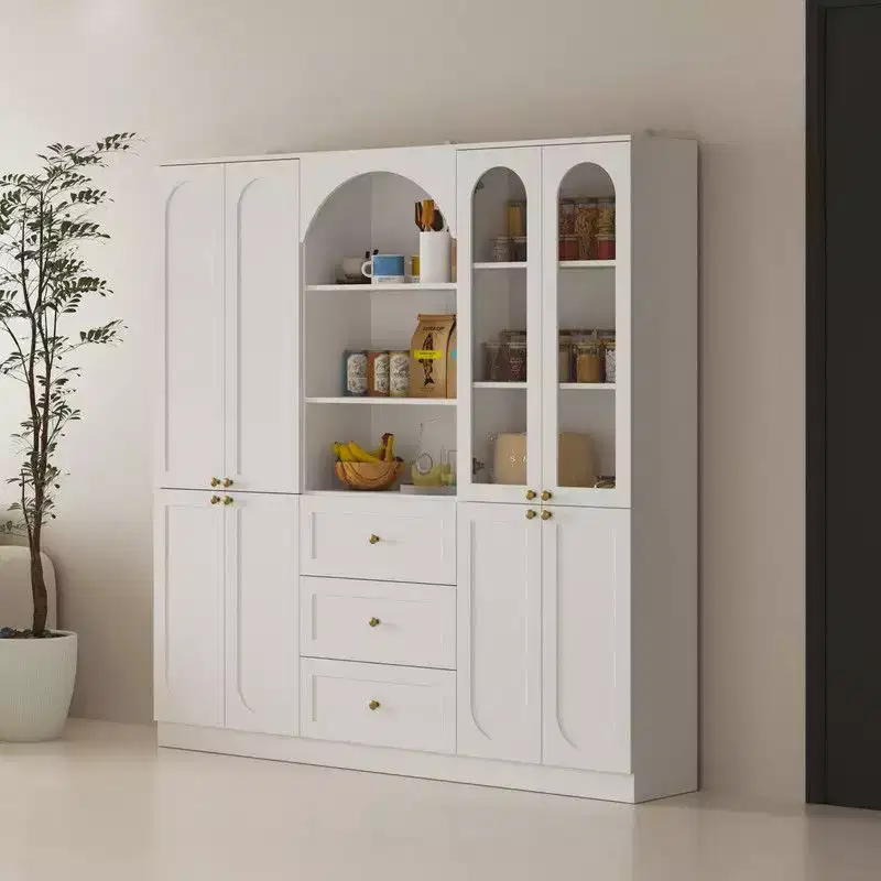 Famapy White Farmhouse Kitchen Pantry with Arch & Glass Doors,Large Capacity Kitchen Storage Hutch,Multi - Drawer Kitchen Organizer,Display Cabinet
