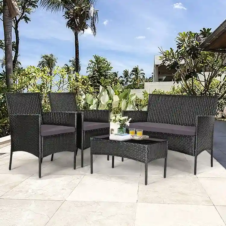 4 Pieces Patio Rattan Cushioned Sofa Set with Tempered Glass Coffee Table - 24 x 23.5 x 33 (L x W x H)