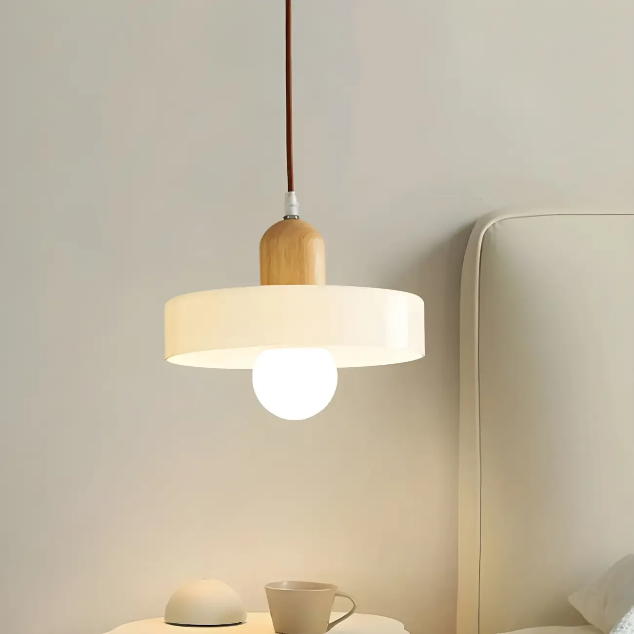 Elegant Cream Glass Round LED Pendant Lamp for Bedside