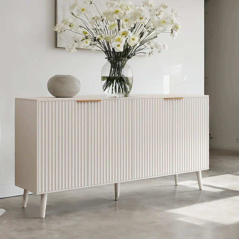 Black / White Mid-Century Modern 4-Door Buffet Sideboard with Wave Textured Doors & Solid Wood Legs, 1-Person