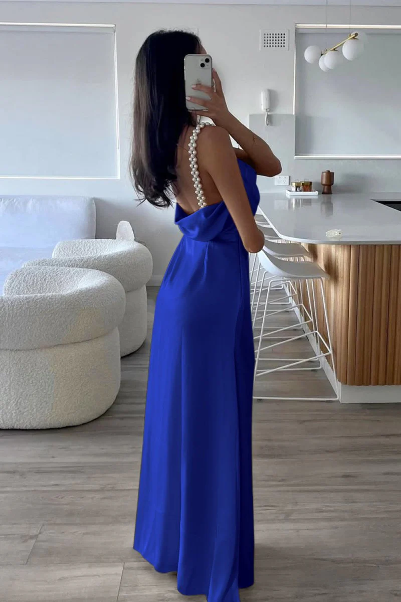 Yellow Sheath Spaghetti Straps Satin Long Prom Dresses With Pearls