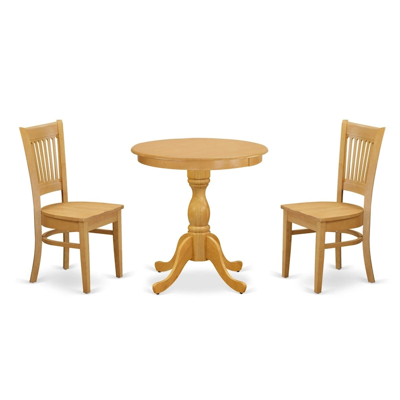 East West Furniture 3 Piece Dining Table Set Contains a Round Dining Room Table and 2 Kitchen Chairs, Oak (Seat Options)