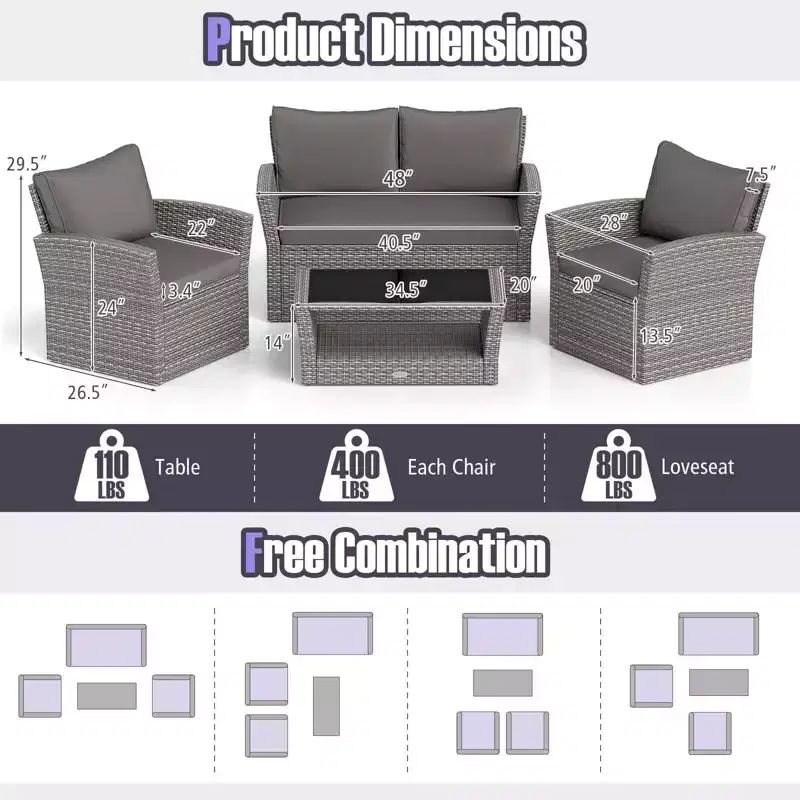 Costway 4 PCS Patio Furniture Set with 2 Rattan Chairs Loveseat Coffee Table Cushions Gray