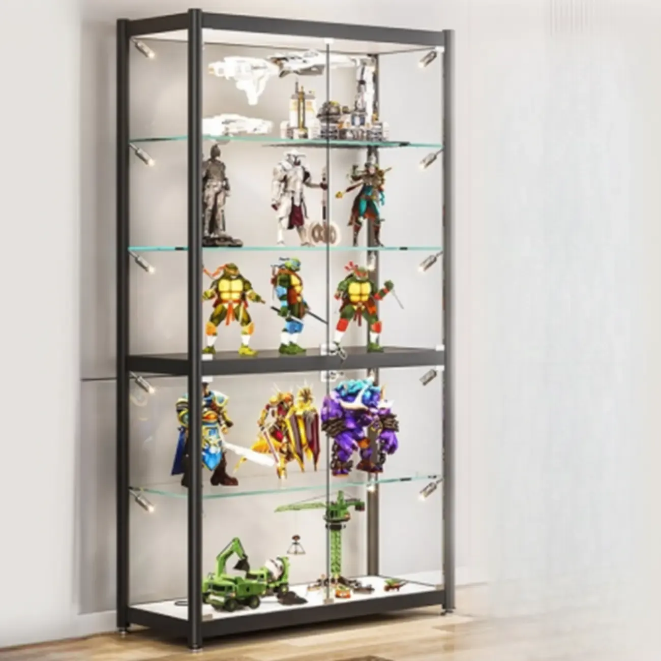 Modern Black Clear Glass LED Adjustable Display Cabinet