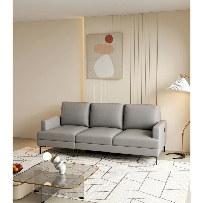 Gray / Brown Modern 3-Seater Leather Sofa with USB Charging & Metal Legs