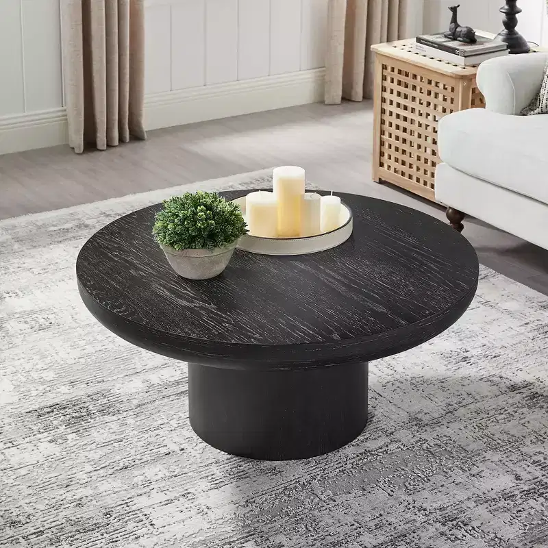 Round Coffee Table Wood Sofa Side Table Center Table with Cylindrical Leg, Black/Dark Brown-ModernLuxe