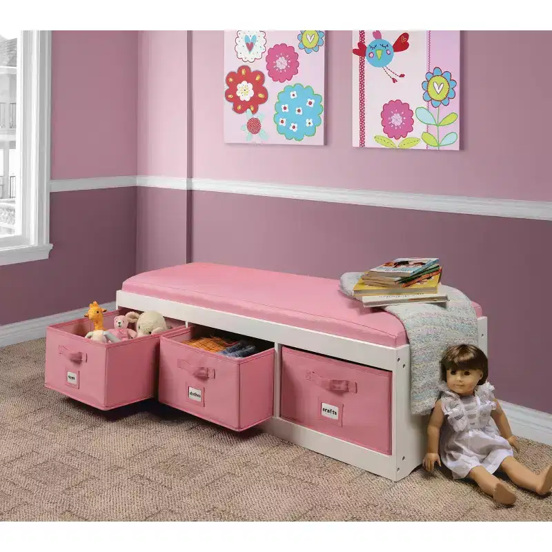 Badger Basket Kids' Storage Bench with Cushion and Three Bins White with Pink