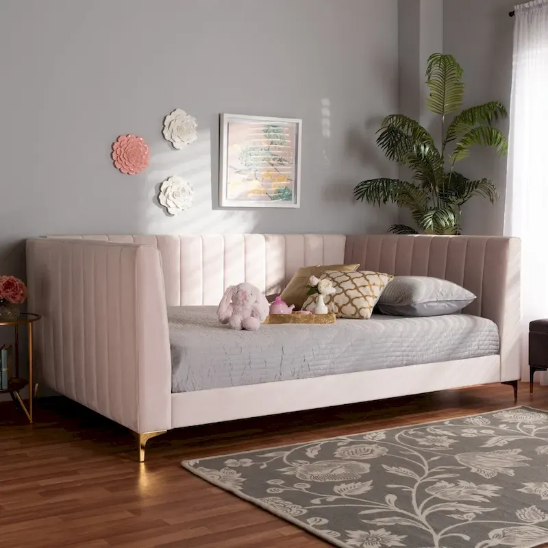 Oksana Light Pink Velvet and Gold Finished Daybed