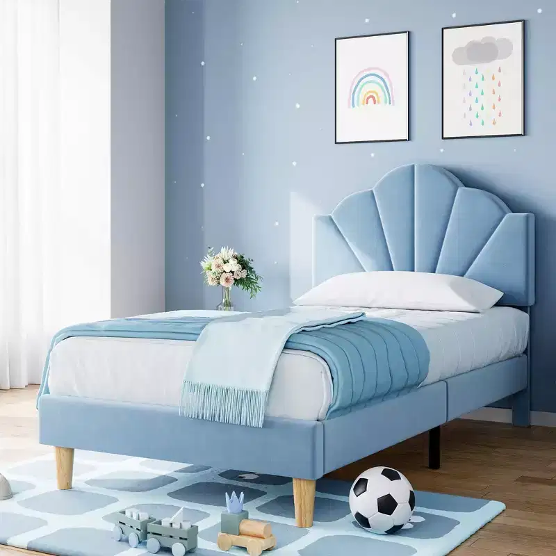 Coolmee Twin/Twin XL Bed Frame, Velvet Upholstered Platform Bed Frame with Height Adjustable Headboard for Boys and Girls, Wood Slat Support