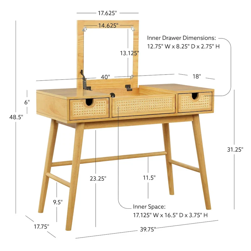 Natural Wooden Vanity with 2 Cane Drawers