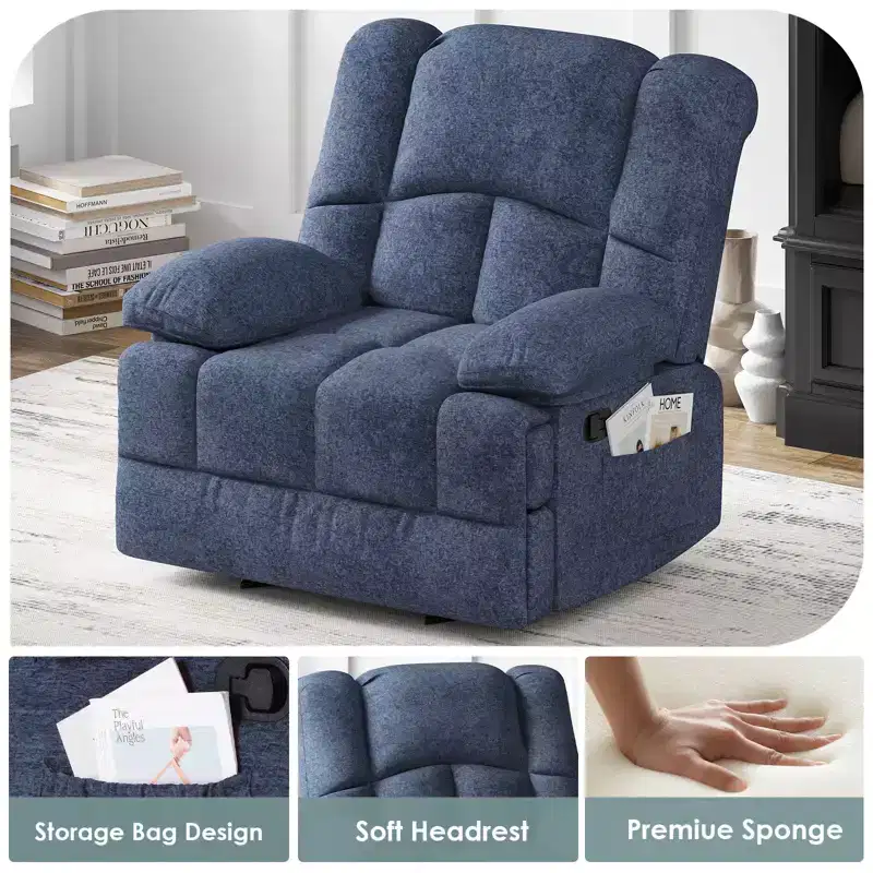 MAYEERTY Blue Oversized Rocking Recliner Sofa for Adults, Chenille, Ergonomic, Perfect for Living Room