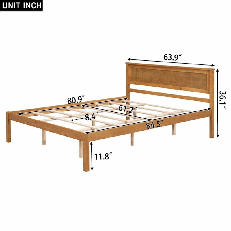 Queen Size Platform Bed Frame with Headboard, Wood Slat Support