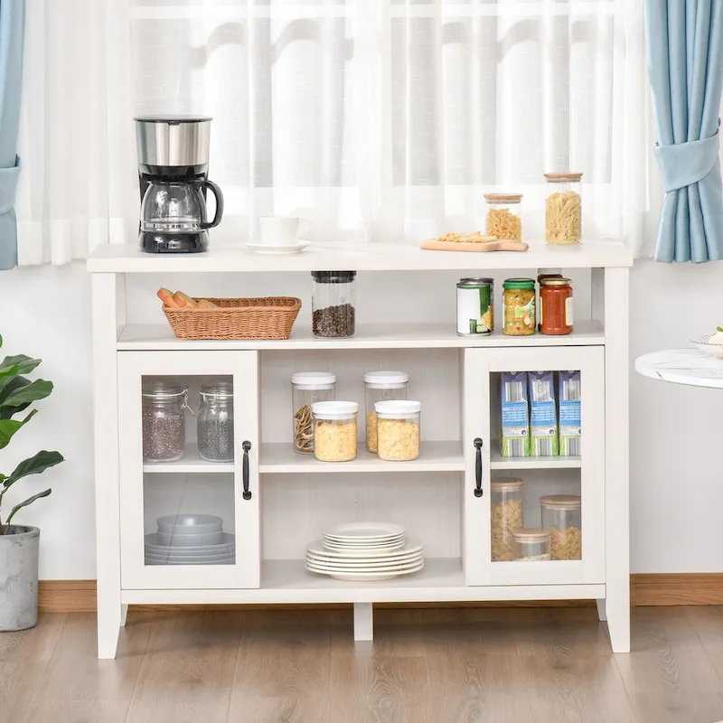 Farmhouse Sideboard Buffet Cabinet 45.75 - 2 Glass Doors, Storage Shelves, White/Grey, 154 lbs Capacity