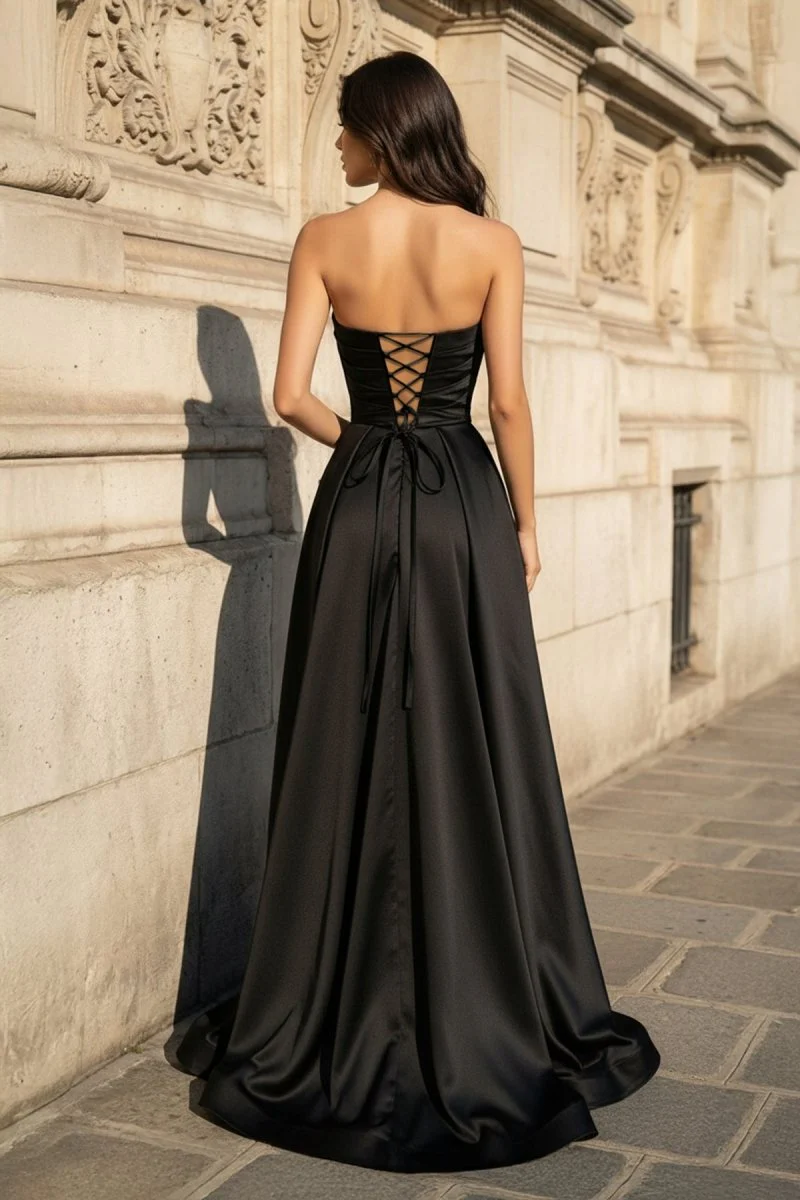 A Line Black Strapless Satin Prom Dresses With Slit