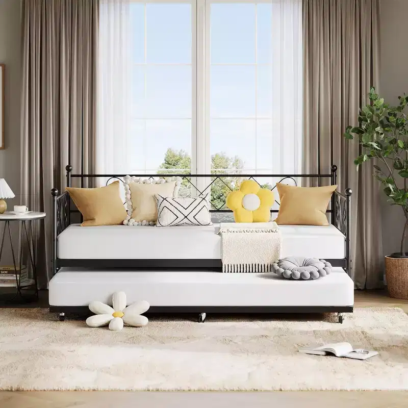 Twin Metal Daybed with Trundle, Premium Steel Slat Support, Space Saving Trundle Sofa Bed for Living Room, Bedroom and Guest Room