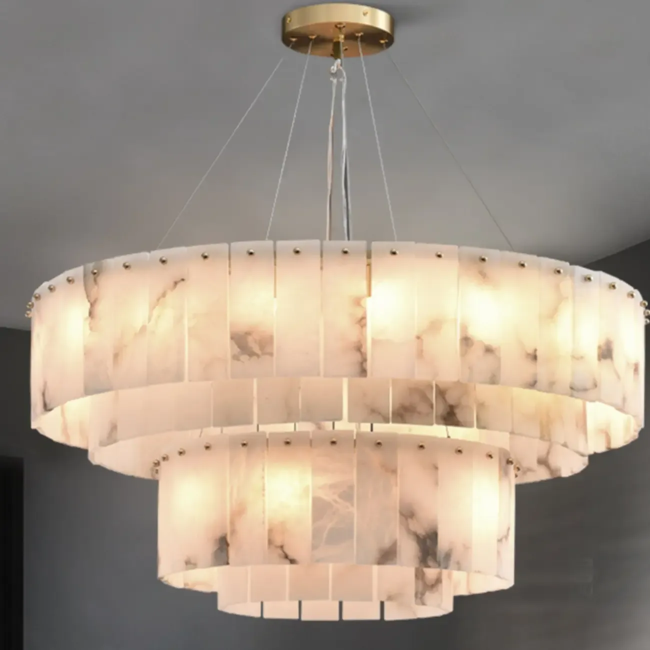 2-Tiers White Metal Circle Alabaster Drum Chandelier