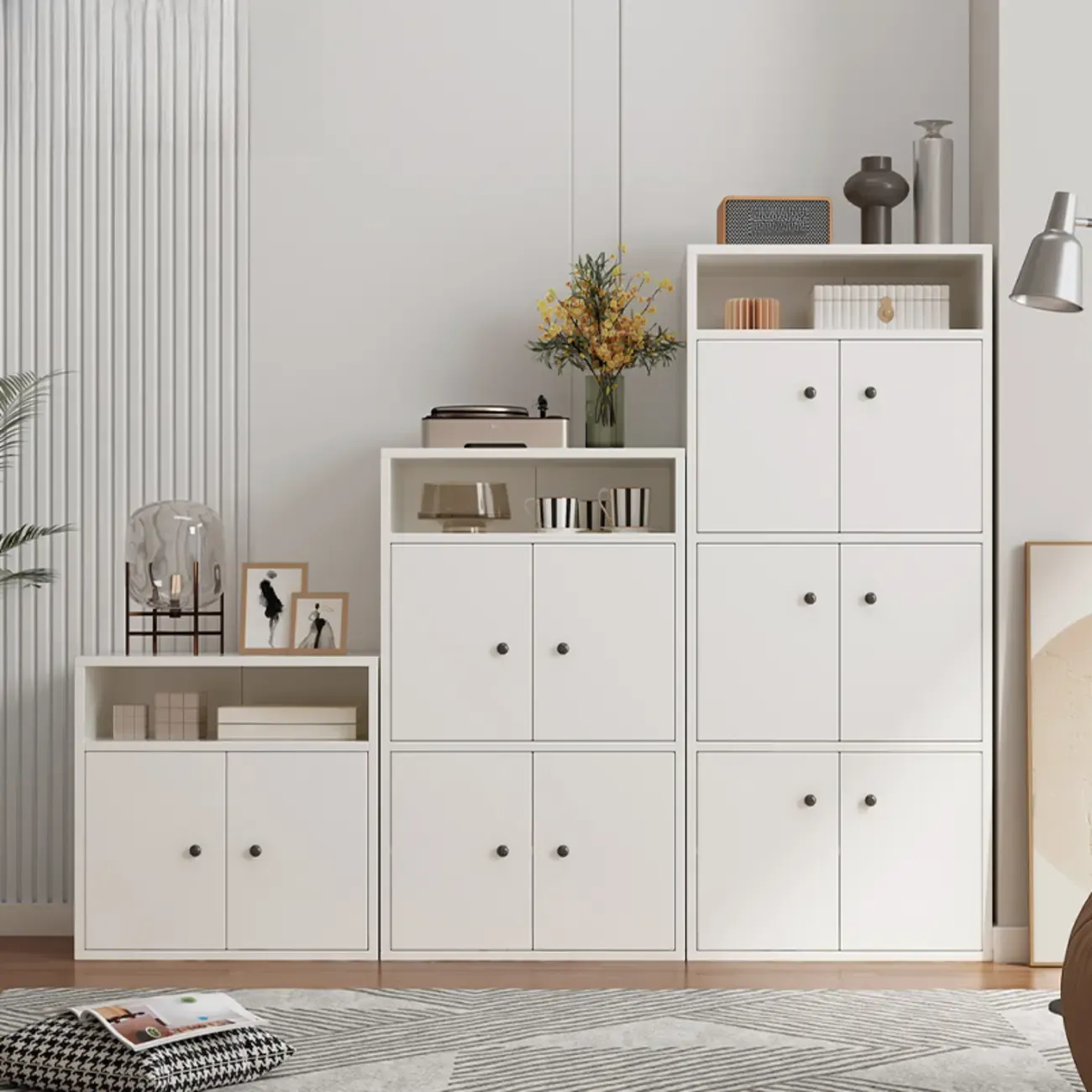 Modern White Wooden Storage Cabinet with Exterior Shelves