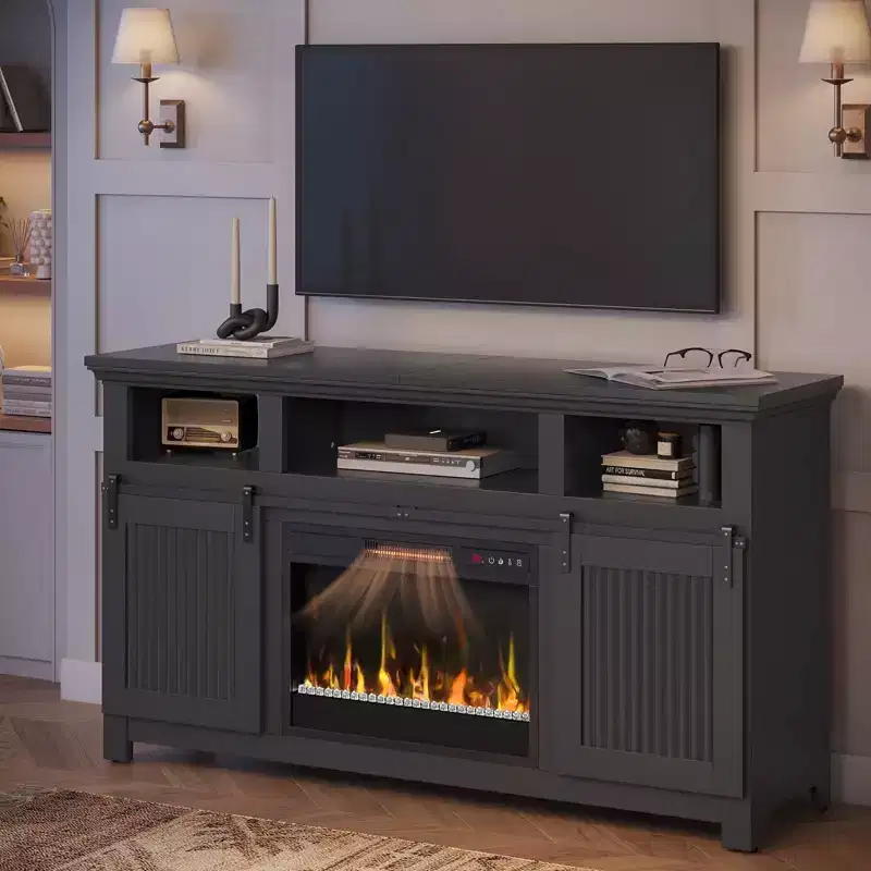 Bestier 61 Fireplace TV Stand for TVs up to 65 Farmhouse Barn Door Entertainment Center with 23 Remote Control Electric Fireplace