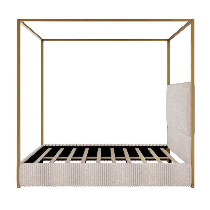 Modern Luxury Metal Canopy Bed with Tall Upholstered Headboard & Four Poster
