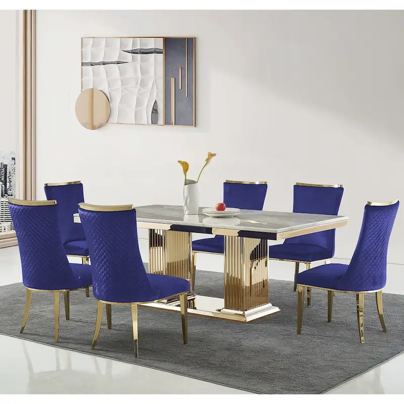 Velvet Dining Room Chairs with Reticulate Texture Back and Metal Trim Top