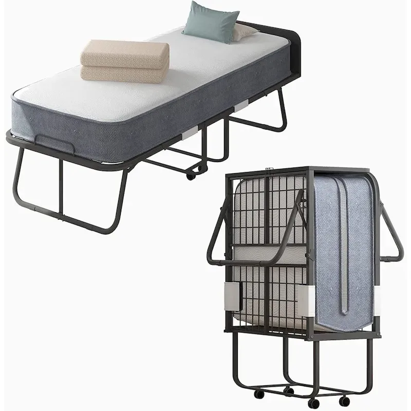 Space Saving Fold up Bed with Mattress & Wheels