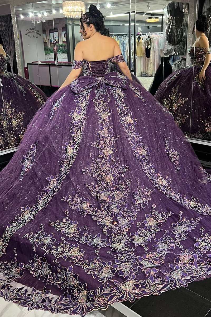 Quinceanera Dress Glamorous Purple Floral Lace Off-the-Shoulder