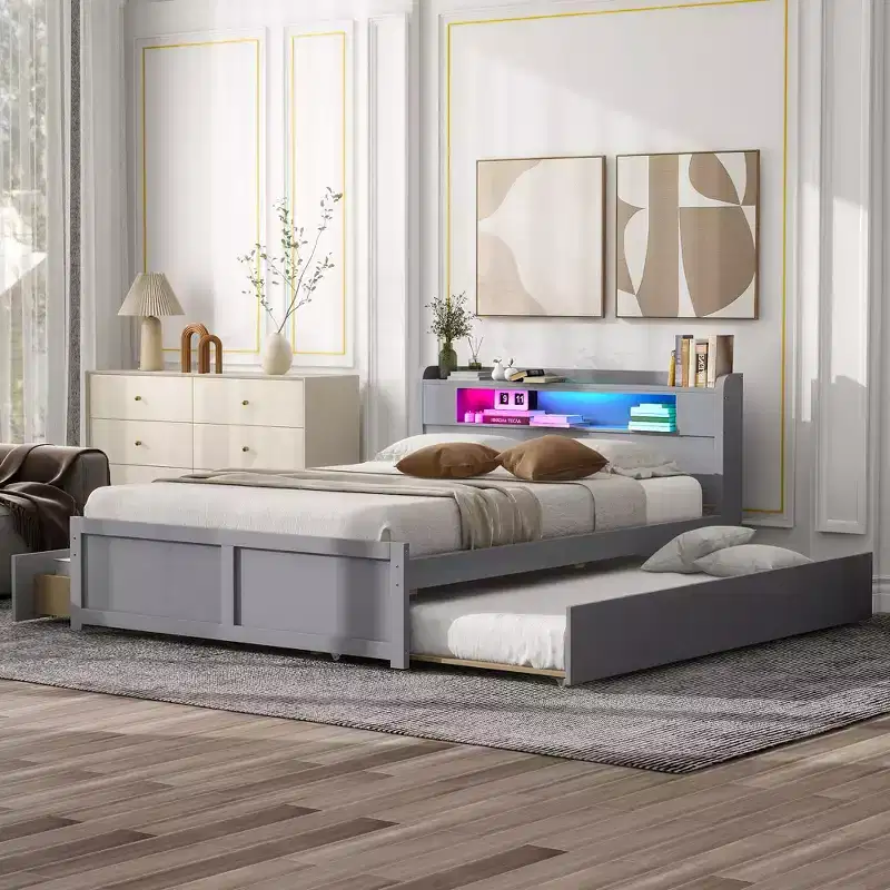 Queen Size Platform Bed with Trundle, Wood Storage Platform Bed with 2 Storage Drawers and LED Light