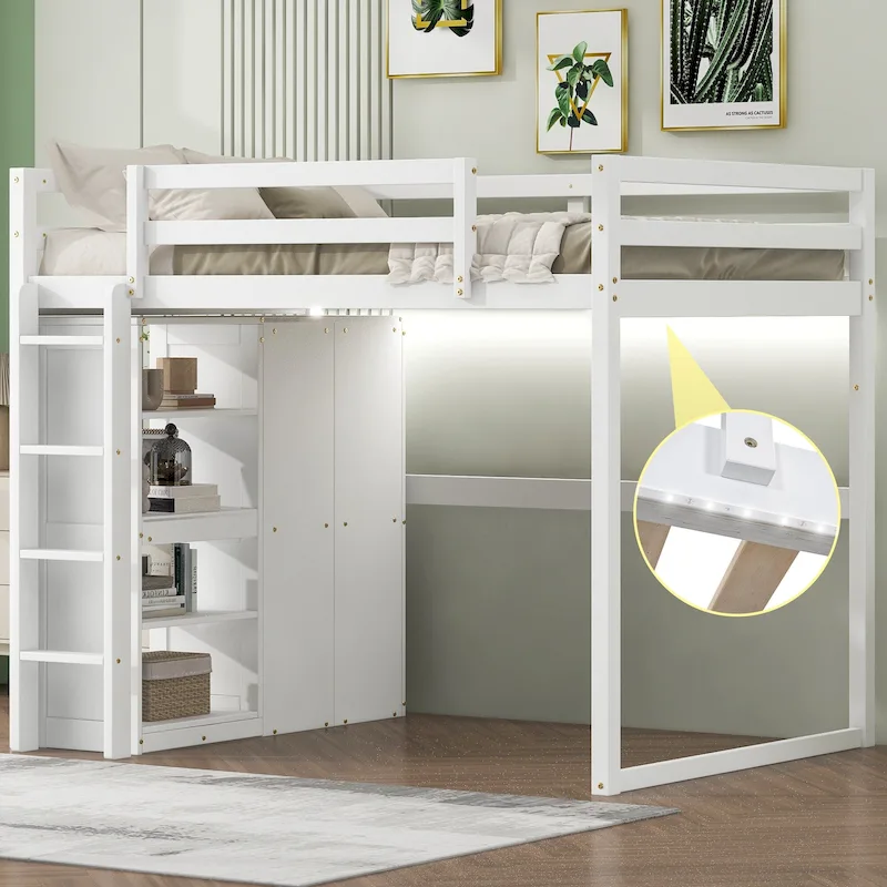 White Full Size Wood Loft Bed with Built-in Wardrobe and Shelves, LED Light