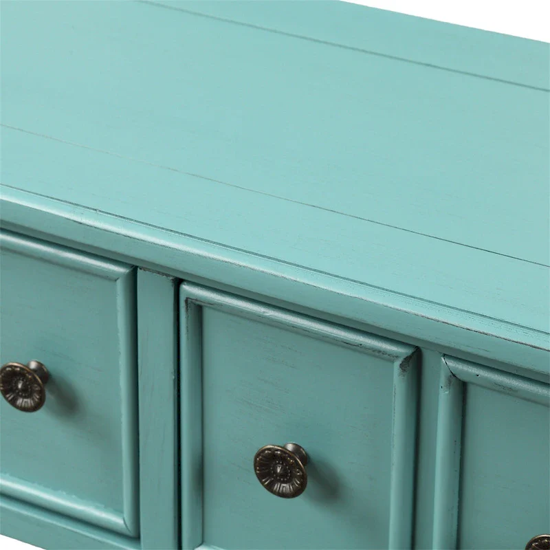 Blue / Brown / Navy Solid Wood Console Table with 4 Drawers & Lower Shelf – Rustic Style, Entryway Use