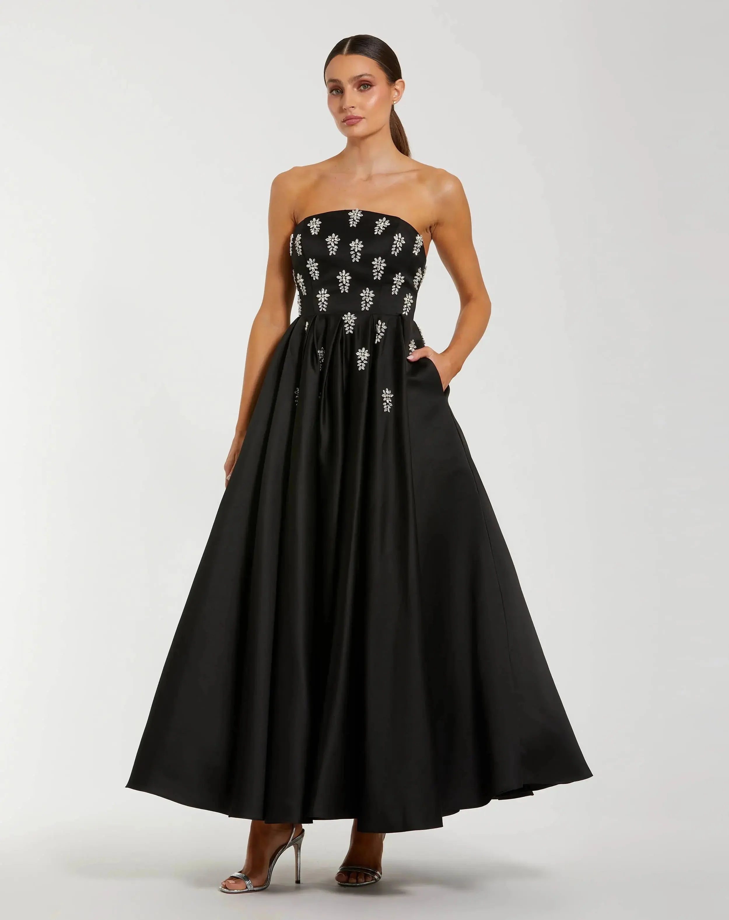 Black Crystal Embellished Strapless Satin A-Line Dress