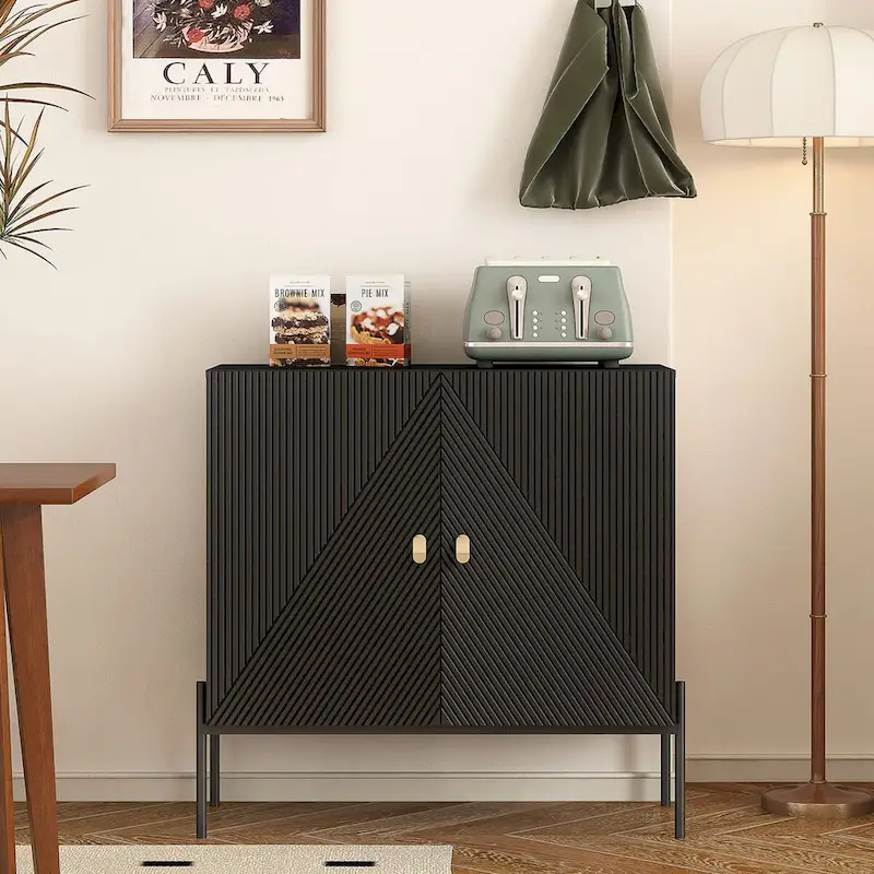 Black Kitchen Sideboard Cabinet with Drawers, 2 Cabinets & 6-Bottle Wine Rack