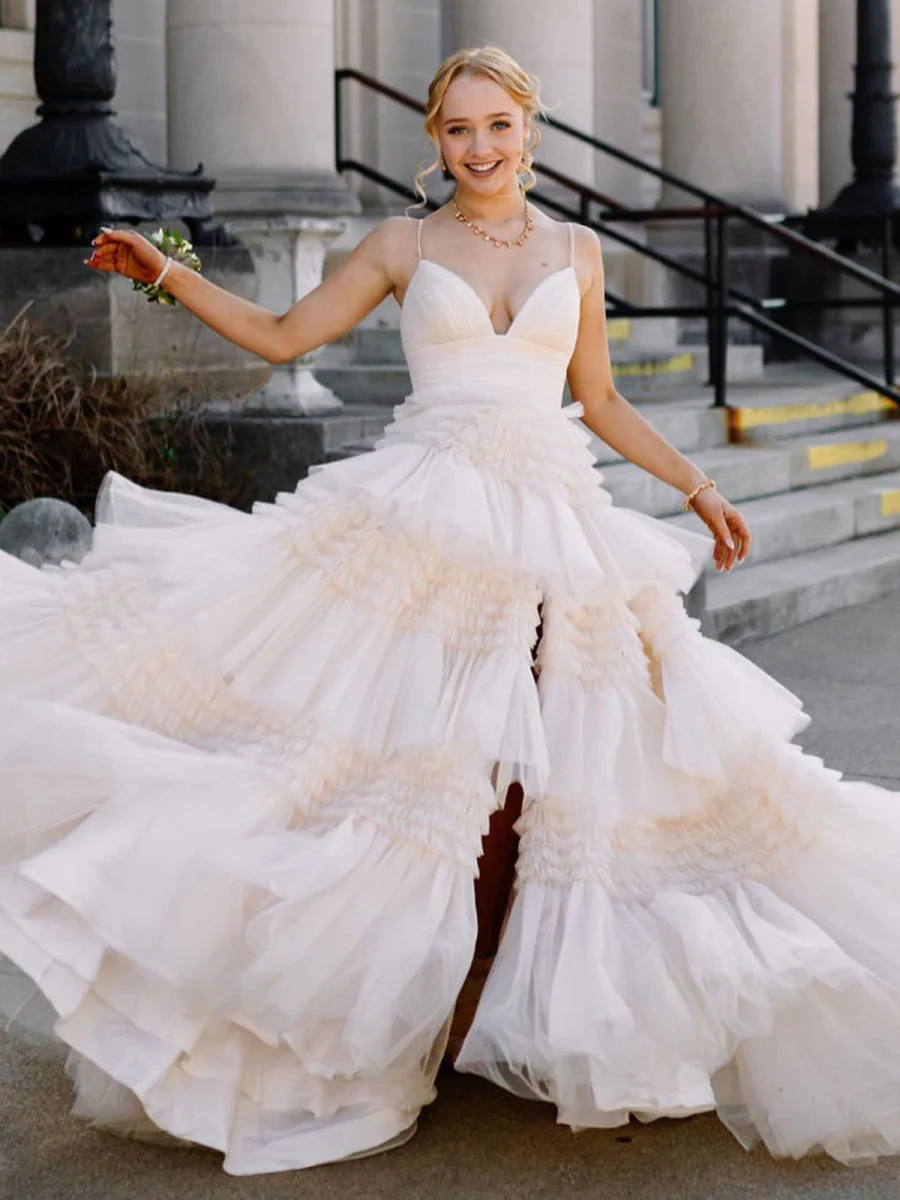 Tulle Deep V Neck Spaghetti Straps Long Prom Dress