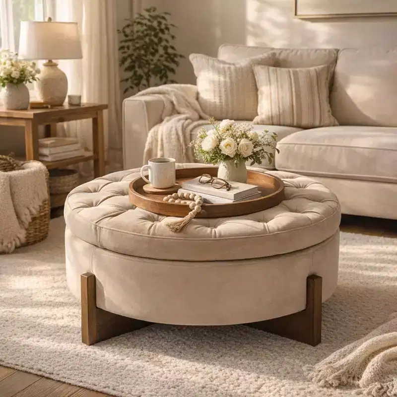 Christopher Knight Home Javier Modern Wooden Upholstered Round Storage Ottoman with Tufted Design and Reversible Lid