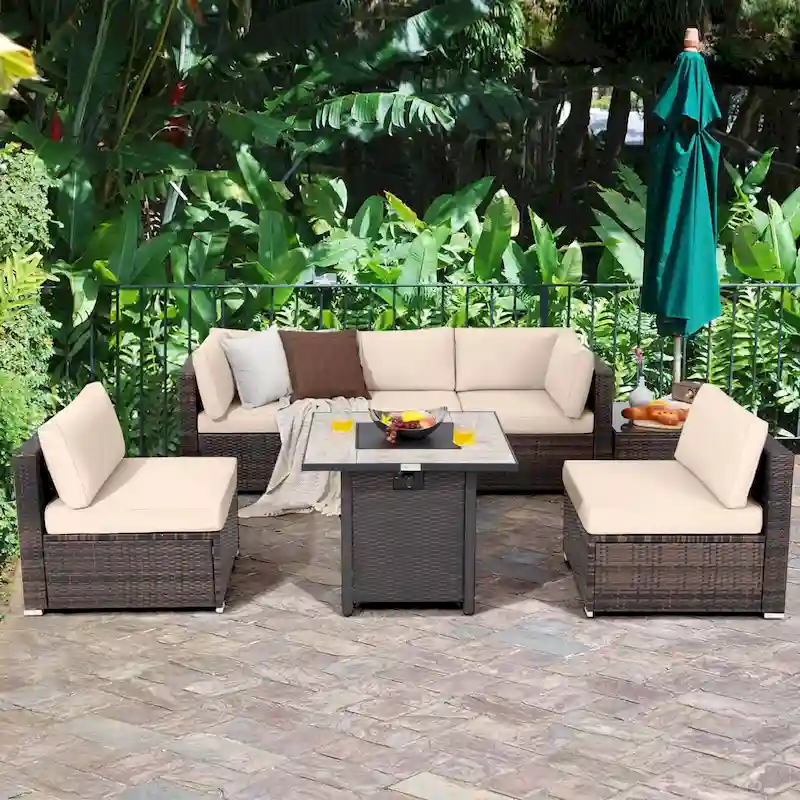 Costway 7PCS Patio Rattan Furniture Set 30 Fire Pit Table Cover - See Details