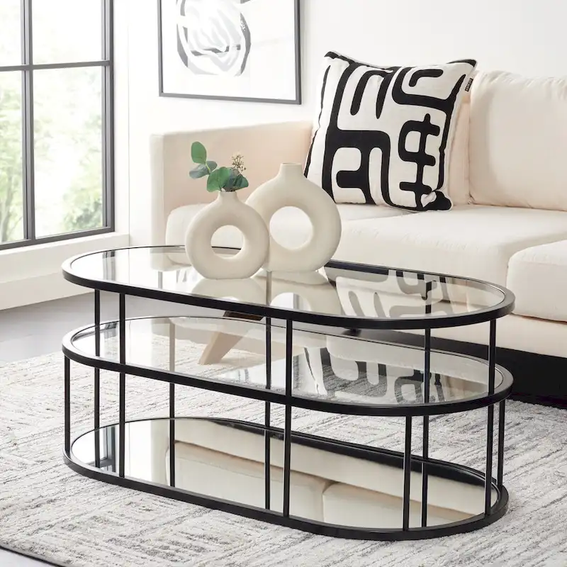 Gold / Matte Black 2-Tier Glass Coffee Table, 42