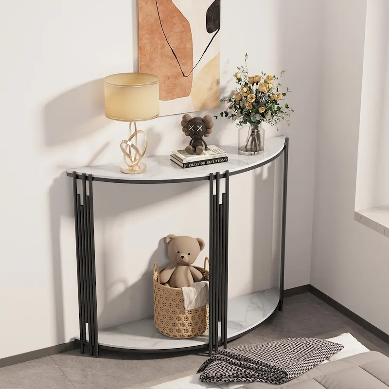 Modern Half Moon Console Table Hallway Side Table 2-Tier