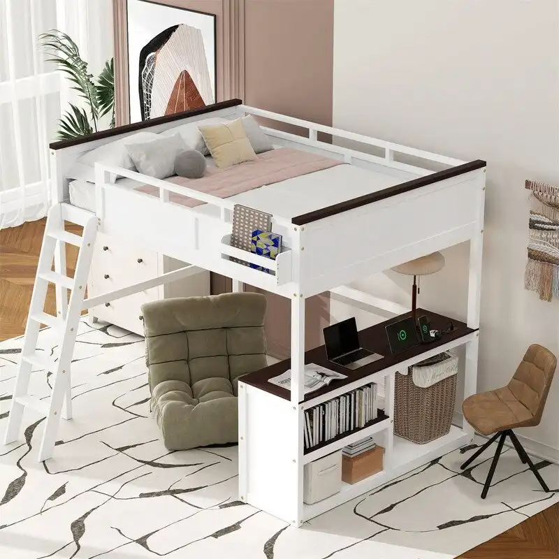 White Queen Loft Bed with Desk & Storage Shelves, 1-Person