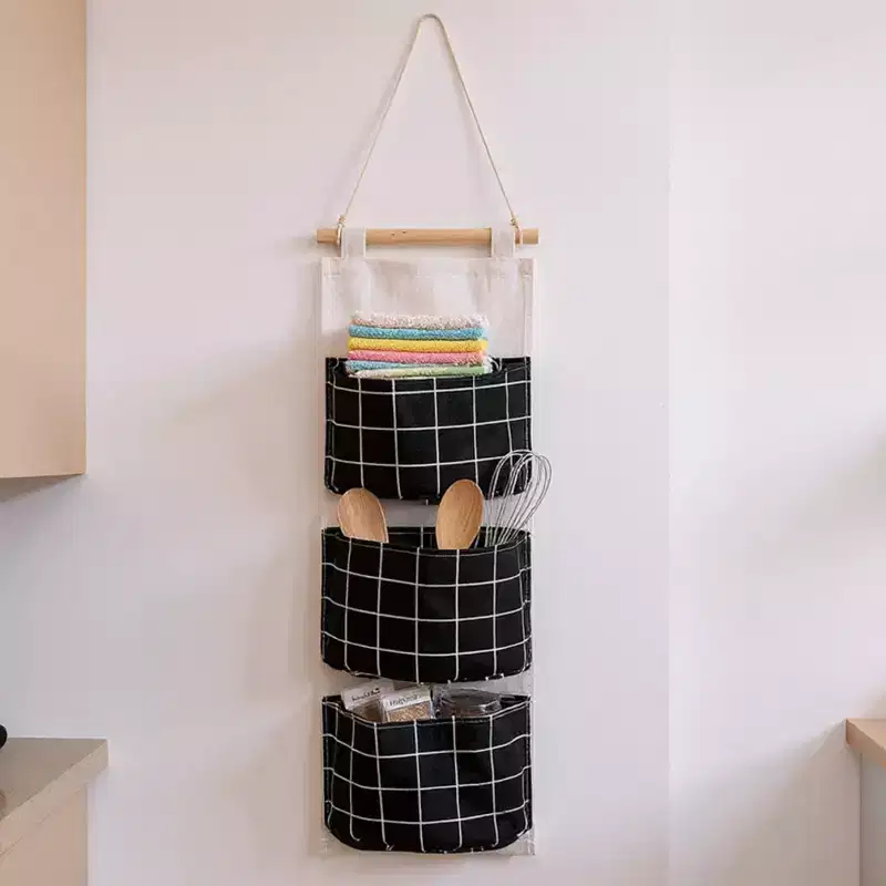 Alilang Hanging Wall Organizer with Three Pockets and Black Grid Pattern 22.5x7.8 in