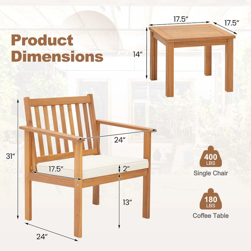 Costway 3 PCS Patio Wood Furniture Set Acacia Wood Chairs & Coffee - See Details
