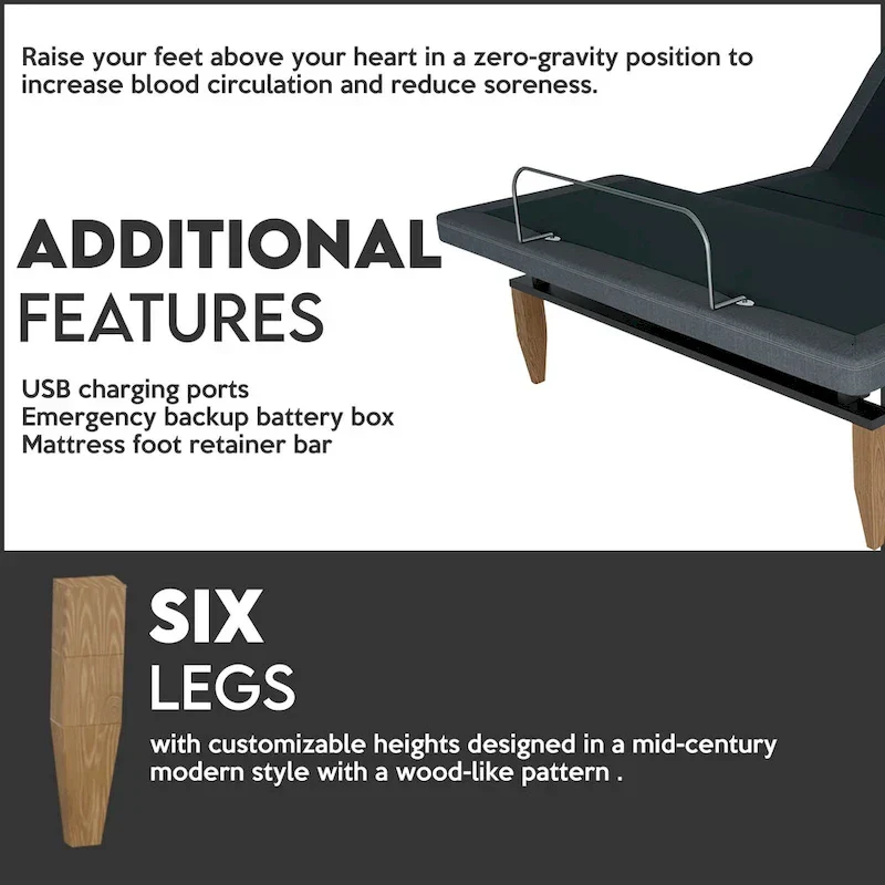Adjustable Bed Base with Headboard, Wireless Remote, Zero Gravity, Underbed Lighting, Grey