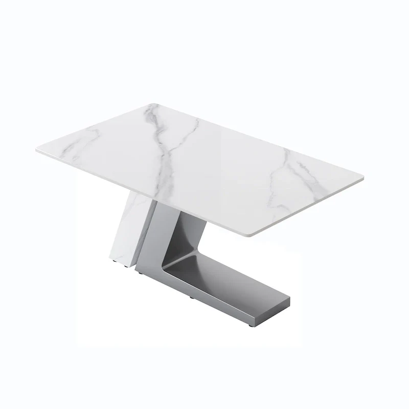 Modern Slate Kitchen Dining Table with White Rectangle Sintered Stone Top and Metal Legs -- 63/71/79