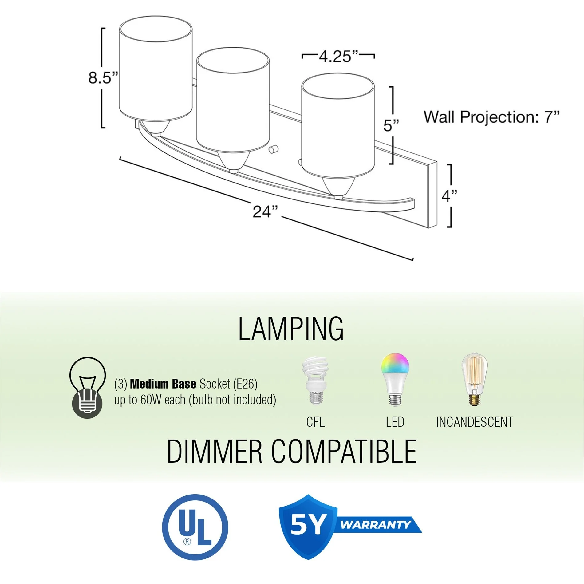Claremont 24 Modern 3-Light Vanity / Bathroom Light
