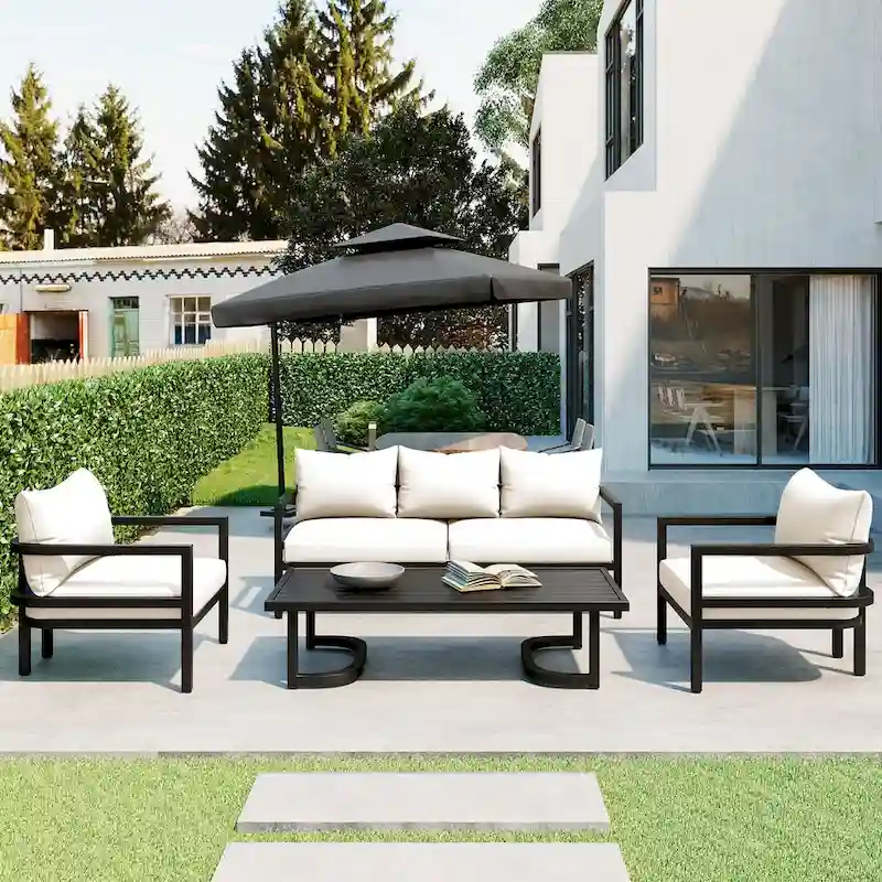 Beige 4-Piece Multi-person Outdoor Steel Sofa Set