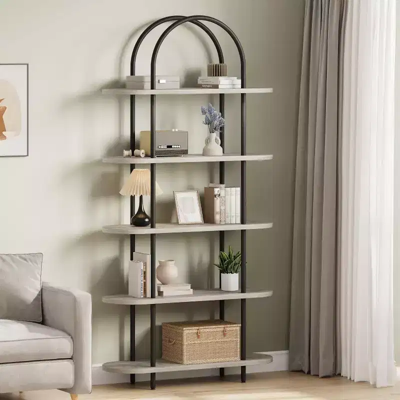 Bookshelf, 5-tier arched display bookshelf, freestanding open storage rack, metal frame, suitable for bedroom, living room, office, 71 feet